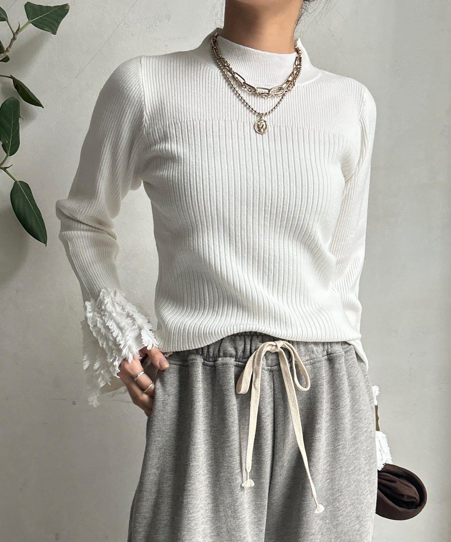 流蘇袖口羅紋針織衫