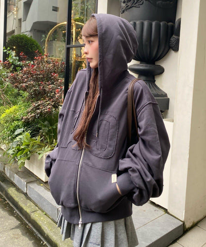 徽標貼布連帽拉鍊衛衣