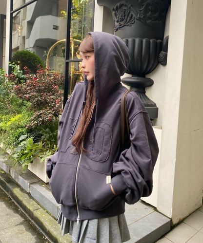 徽標貼布連帽拉鍊衛衣