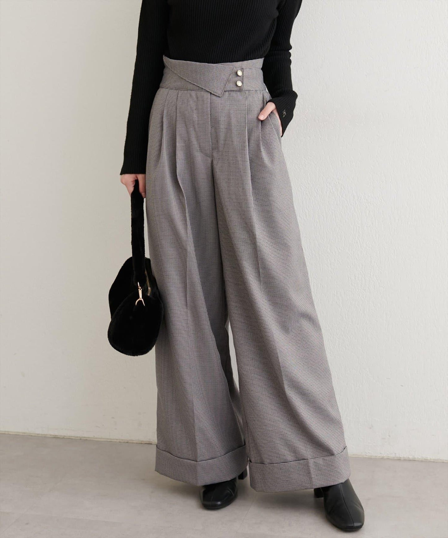 前翻折後褶長褲