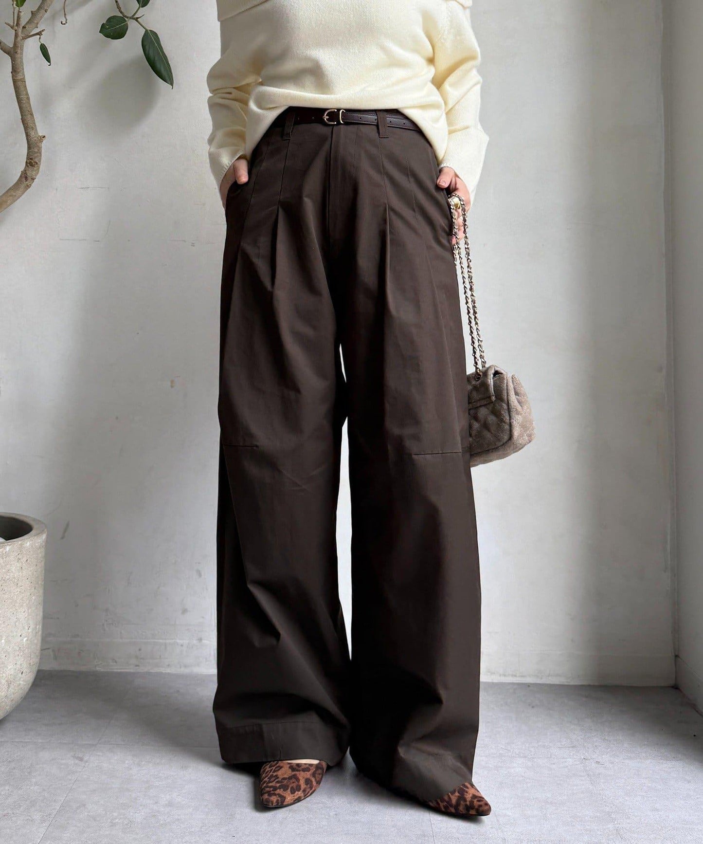 【DouDou】斜紋寬腿褲