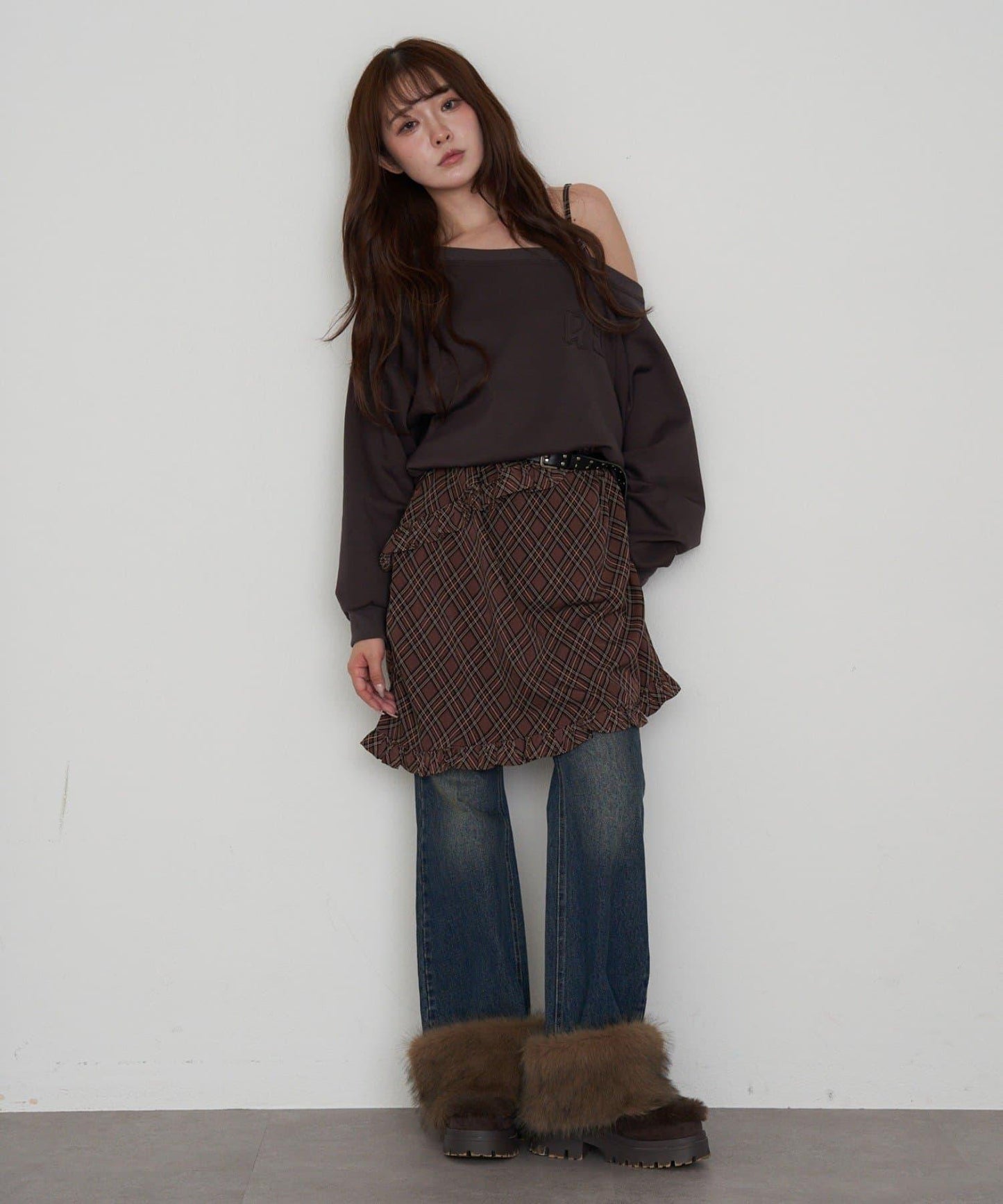 【RAY CASSIN】一字肩衛衣拼接格紋連衣裙