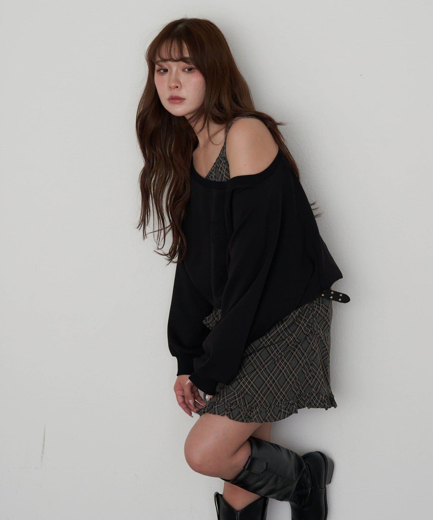 【RAY CASSIN】一字肩衛衣拼接格紋連衣裙