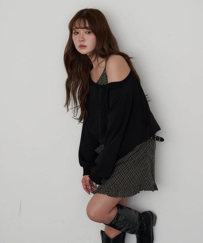 【RAY CASSIN】一字肩衛衣拼接格紋連衣裙