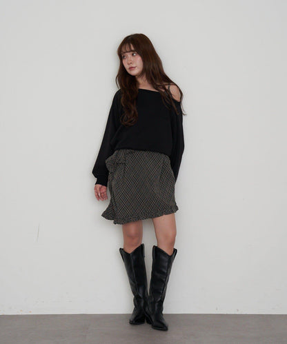 【RAY CASSIN】一字肩衛衣拼接格紋連衣裙