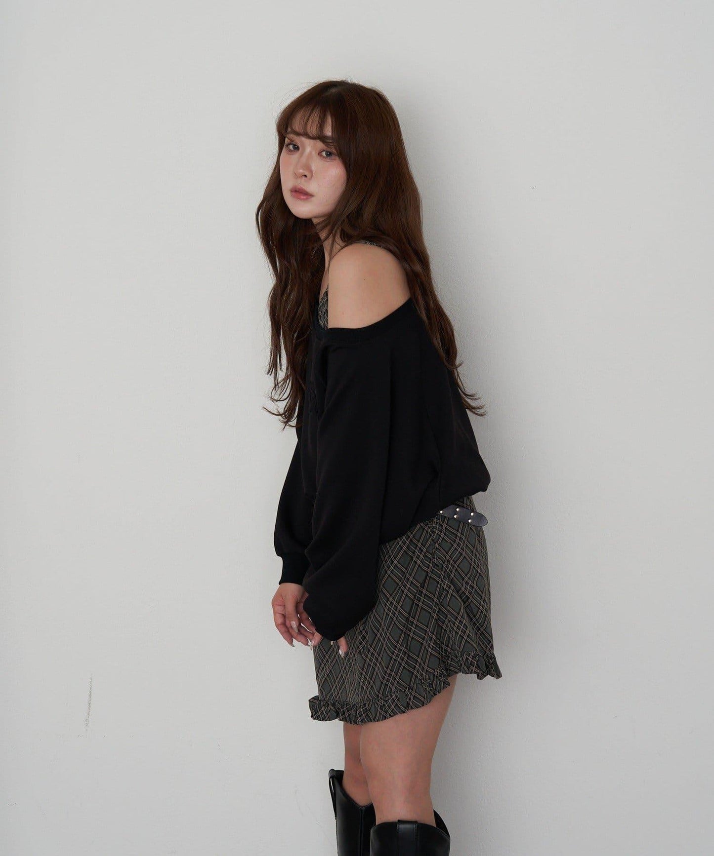 【RAY CASSIN】一字肩衛衣拼接格紋連衣裙