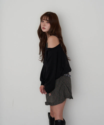 【RAY CASSIN】一字肩衛衣拼接格紋連衣裙