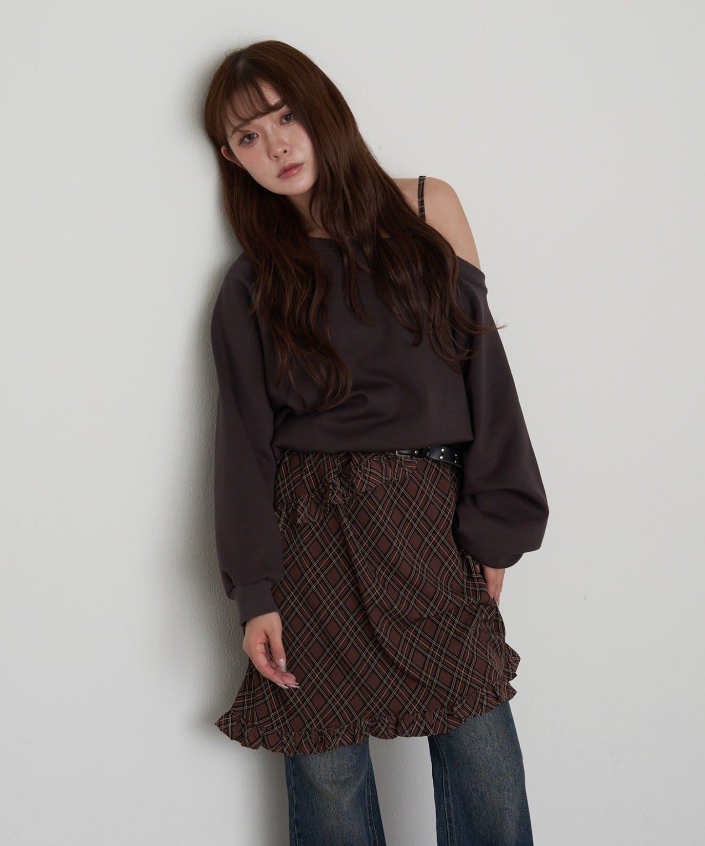 【RAY CASSIN】一字肩衛衣拼接格紋連衣裙