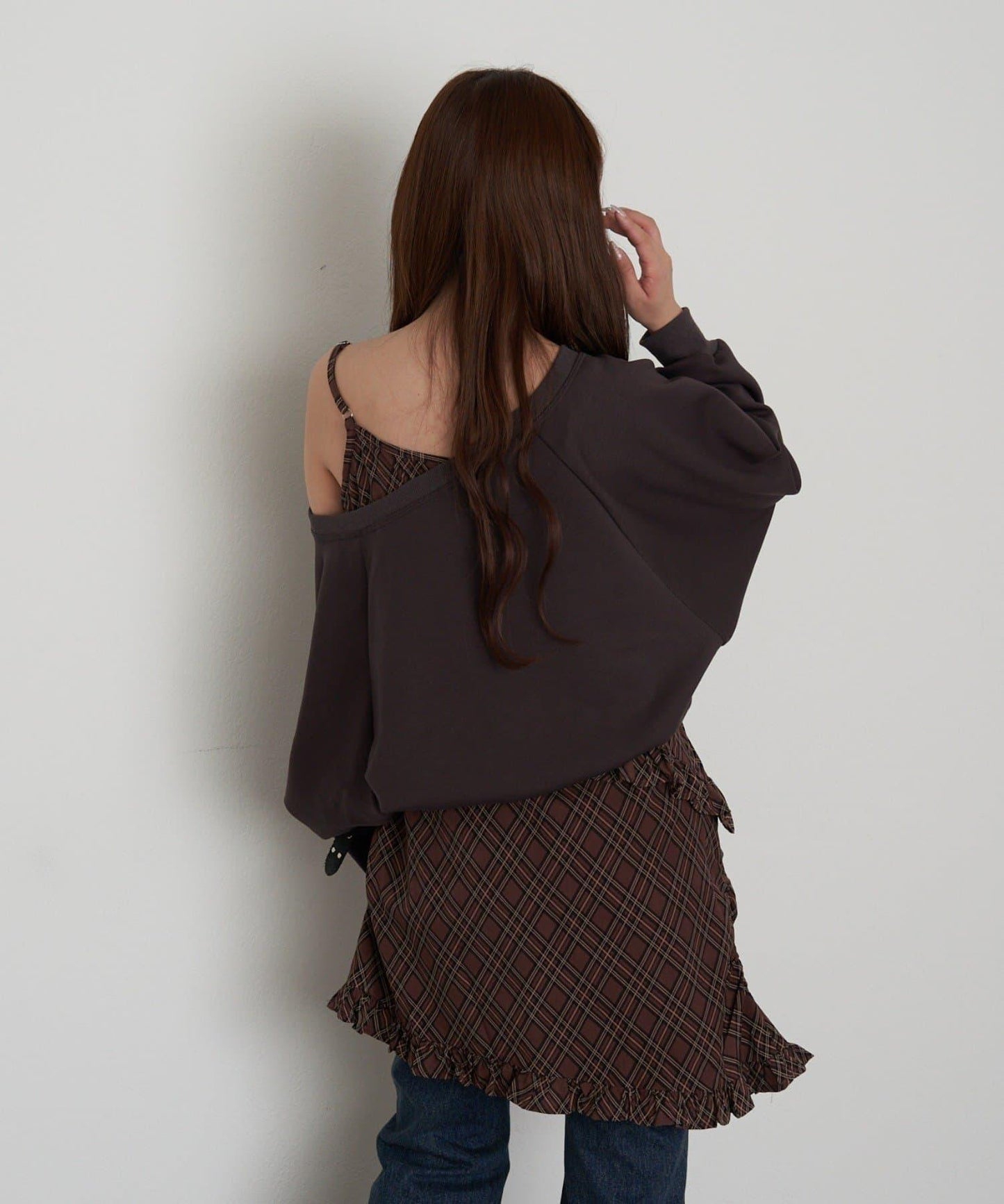 【RAY CASSIN】一字肩衛衣拼接格紋連衣裙