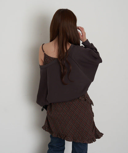 【RAY CASSIN】一字肩衛衣拼接格紋連衣裙