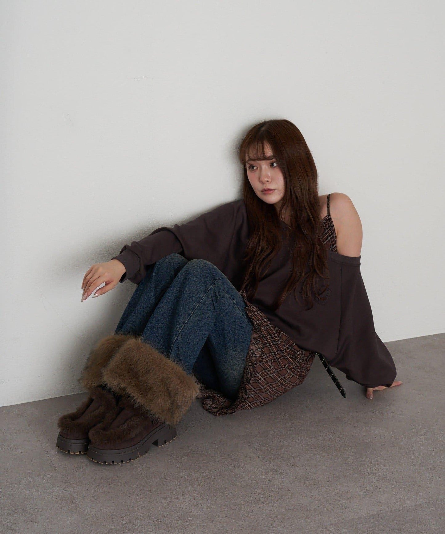 【RAY CASSIN】一字肩衛衣拼接格紋連衣裙