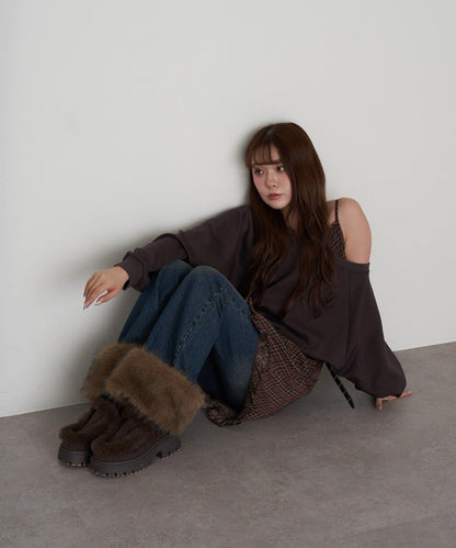 【RAY CASSIN】一字肩衛衣拼接格紋連衣裙