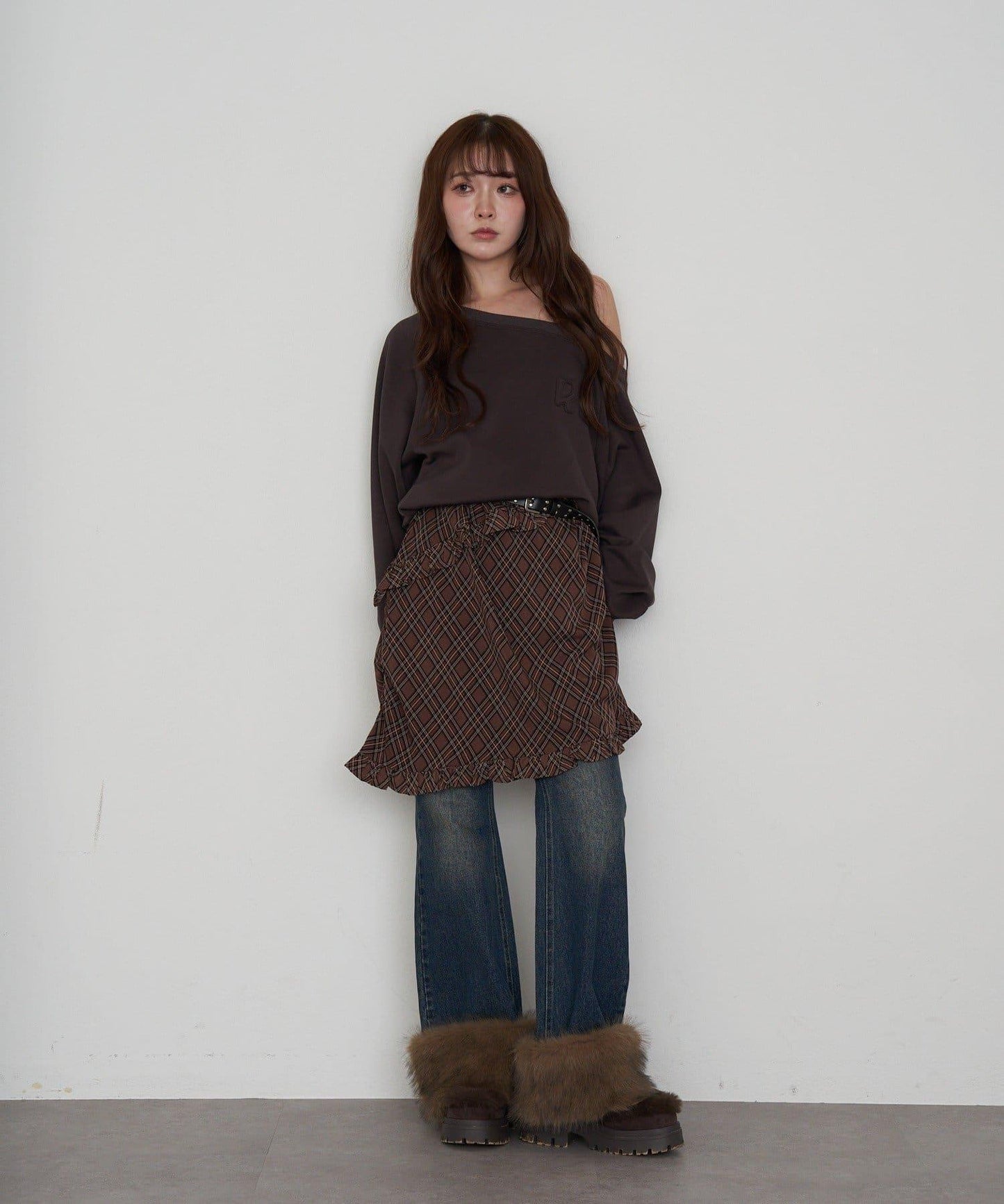 【RAY CASSIN】一字肩衛衣拼接格紋連衣裙