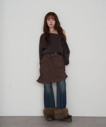 【RAY CASSIN】一字肩衛衣拼接格紋連衣裙