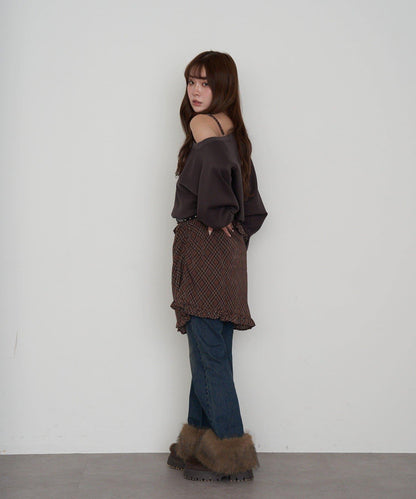 【RAY CASSIN】一字肩衛衣拼接格紋連衣裙