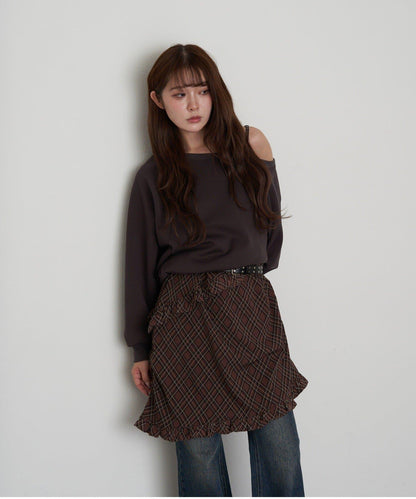 【RAY CASSIN】一字肩衛衣拼接格紋連衣裙