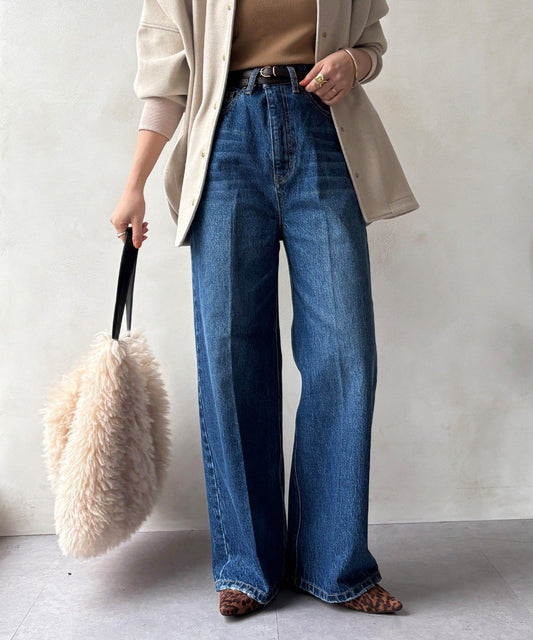 高腰雙排扣牛仔褲