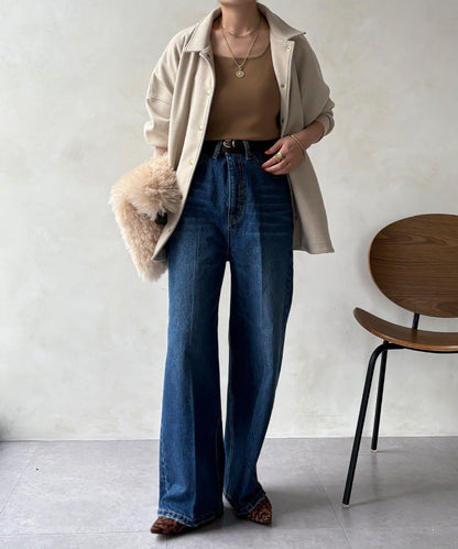 高腰雙排扣牛仔褲