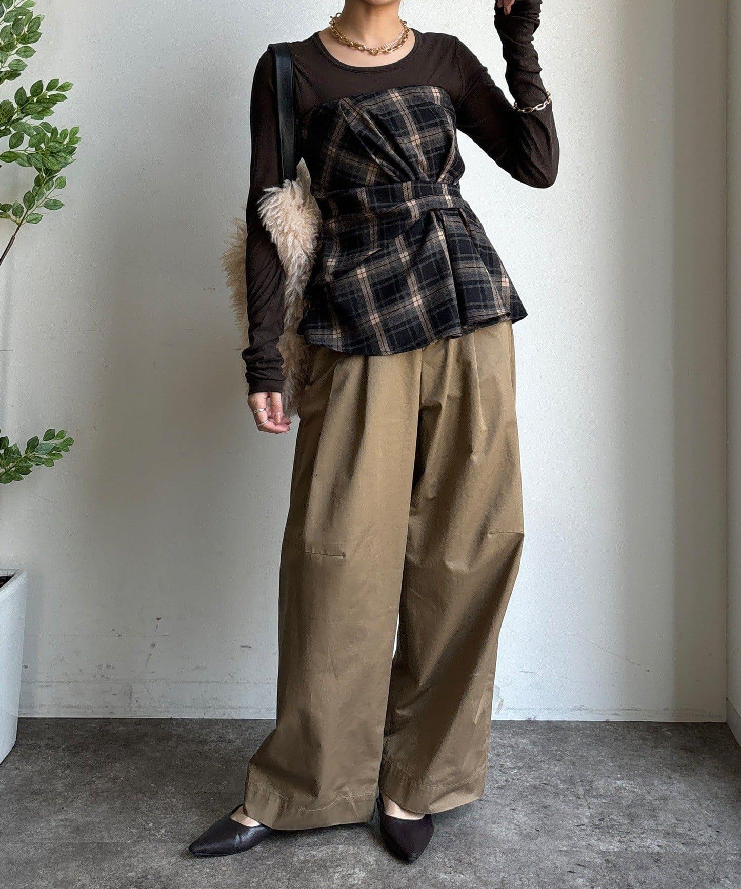 磨毛格紋吊帶背心