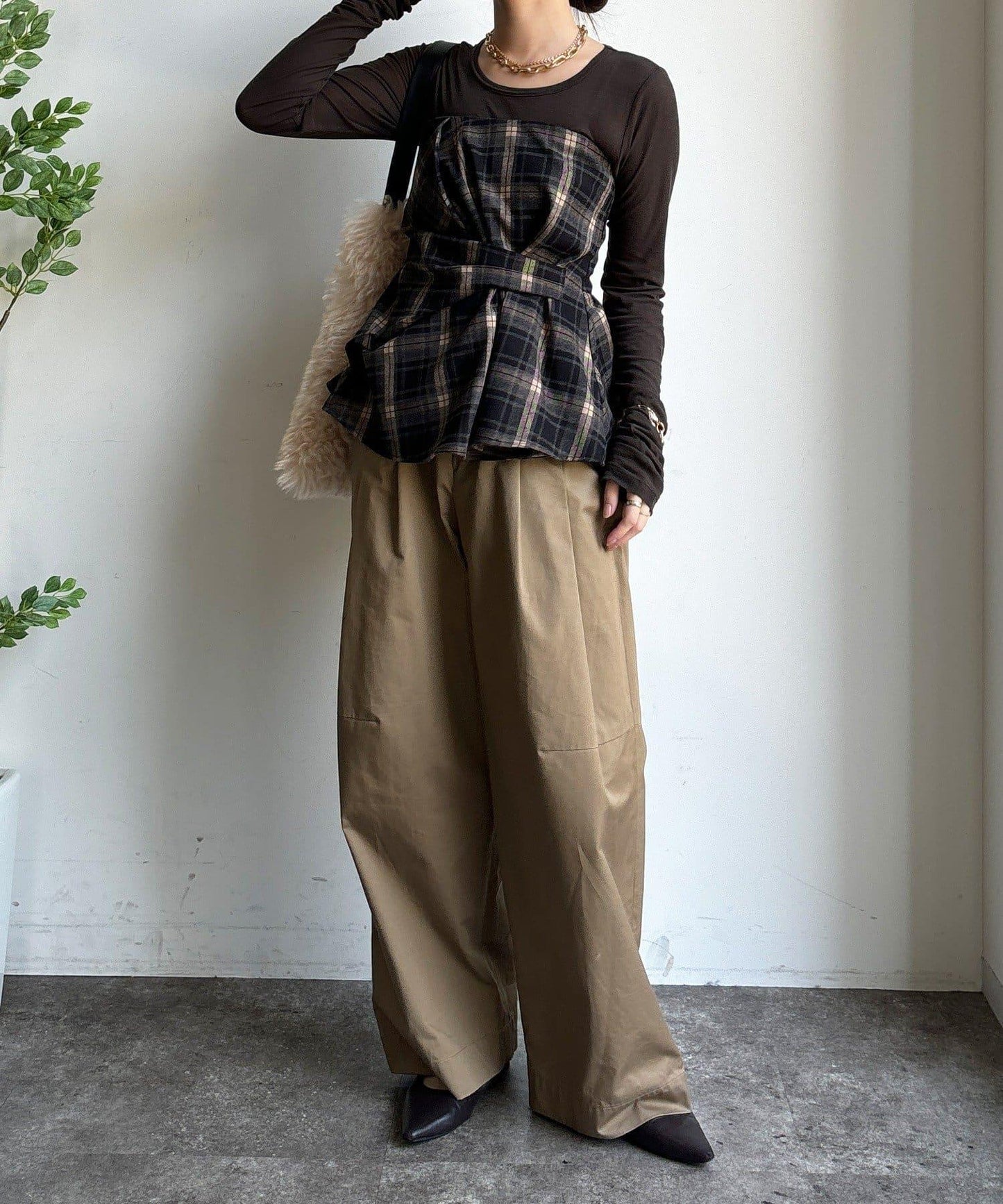 磨毛格紋吊帶背心