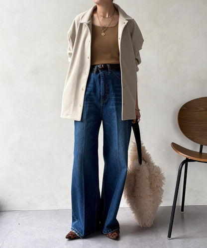 高腰雙排扣牛仔褲