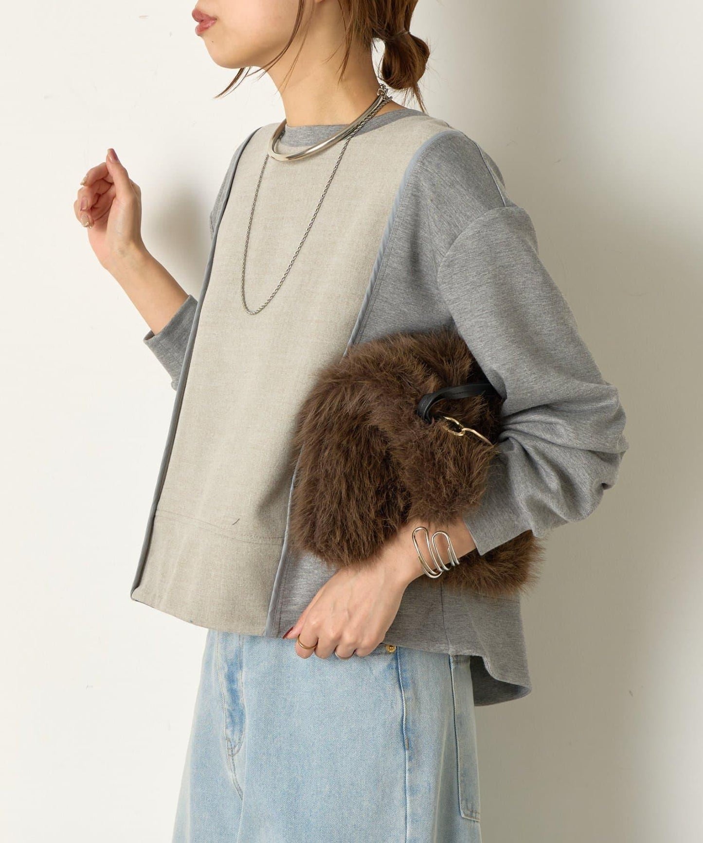 保暖拼接後褶長袖T恤