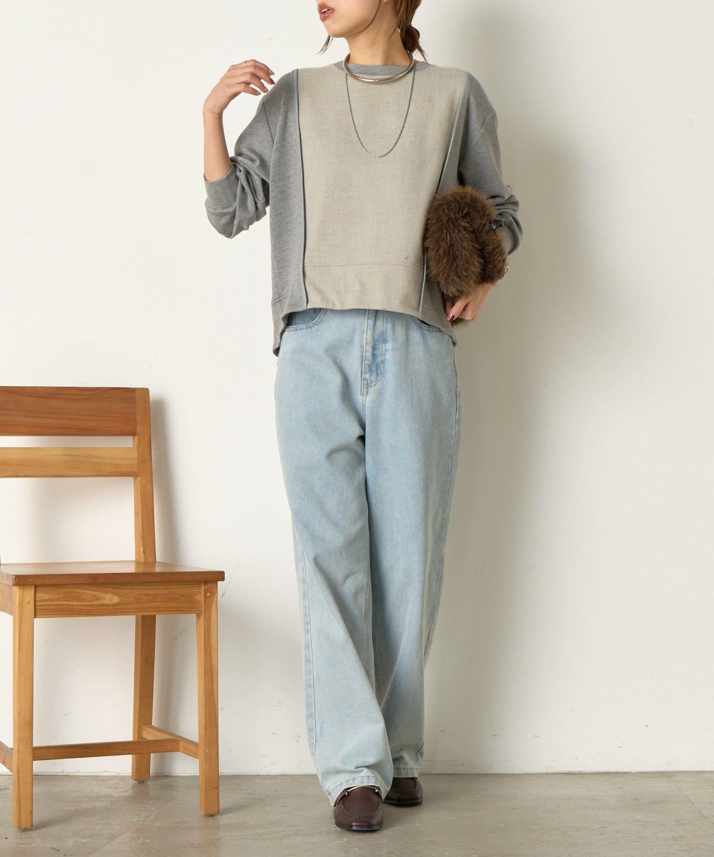 保暖拼接後褶長袖T恤