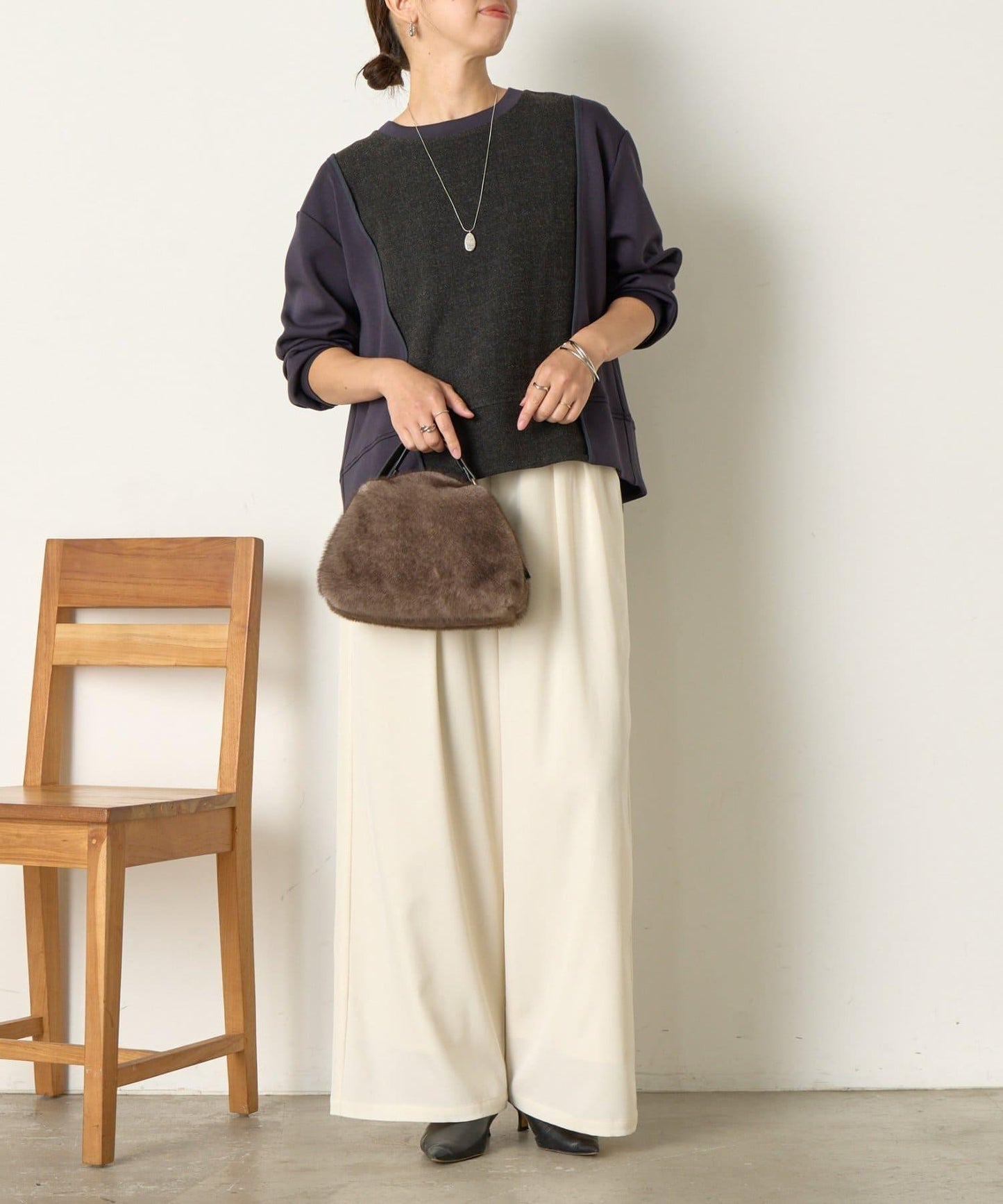 保暖拼接後褶長袖T恤