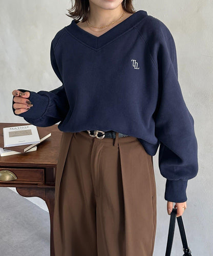 V領刺繡標誌加絨套頭衫