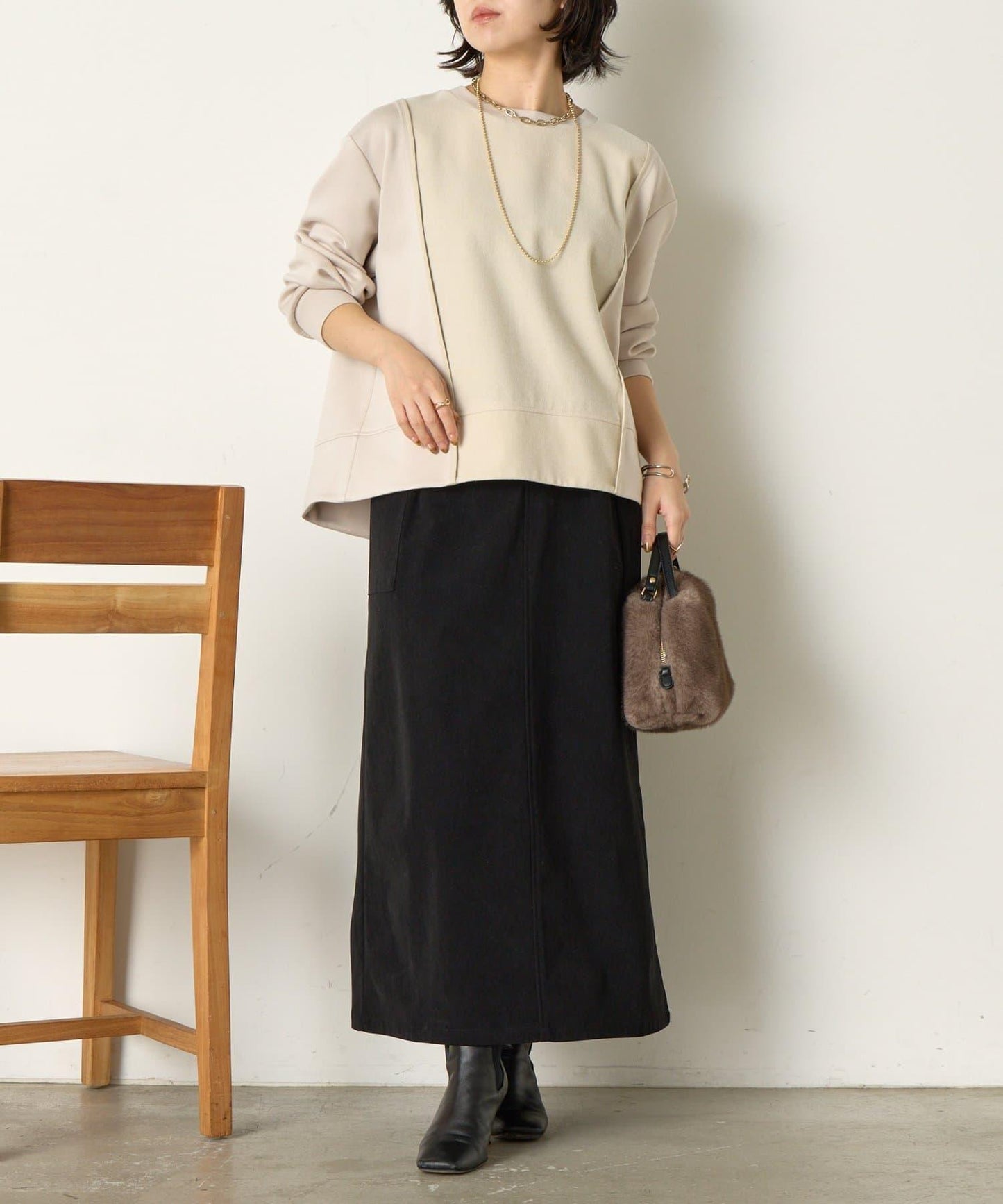 保暖拼接後褶長袖T恤