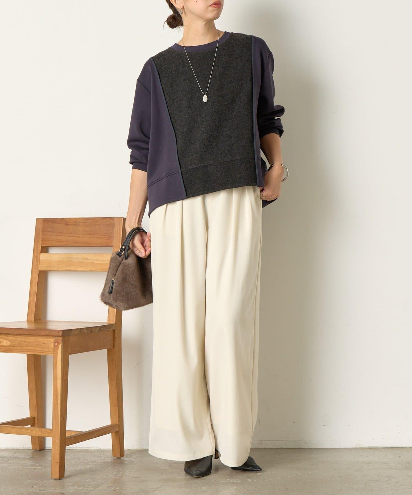 保暖拼接後褶長袖T恤