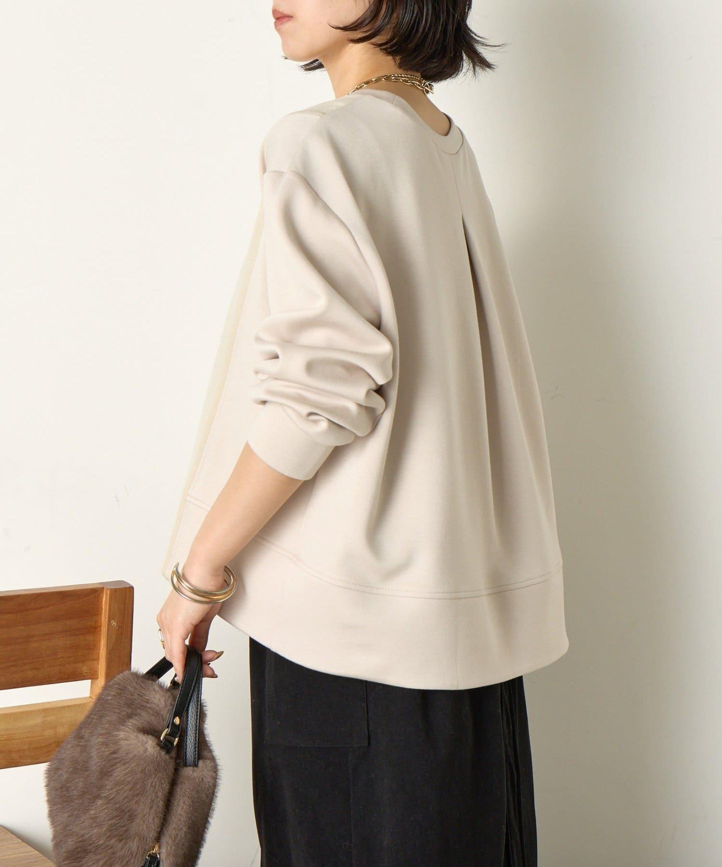 保暖拼接後褶長袖T恤