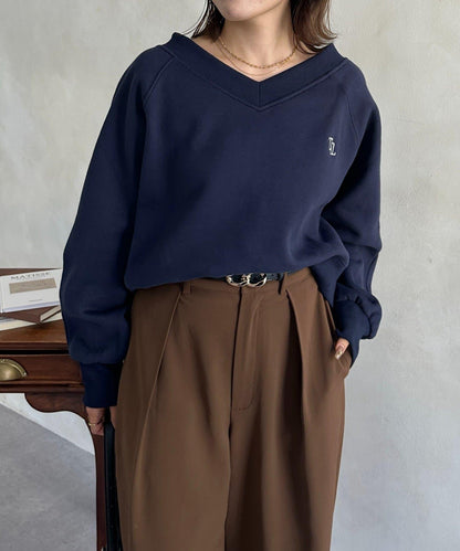 V領刺繡標誌加絨套頭衫