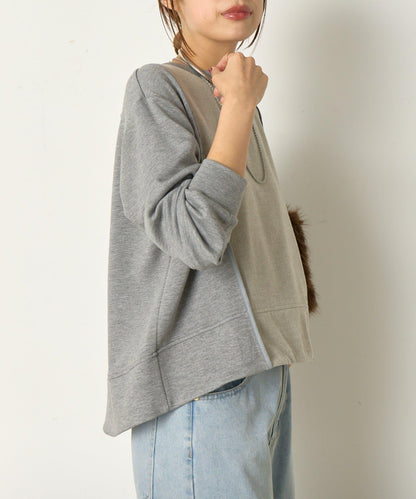 保暖拼接後褶長袖T恤