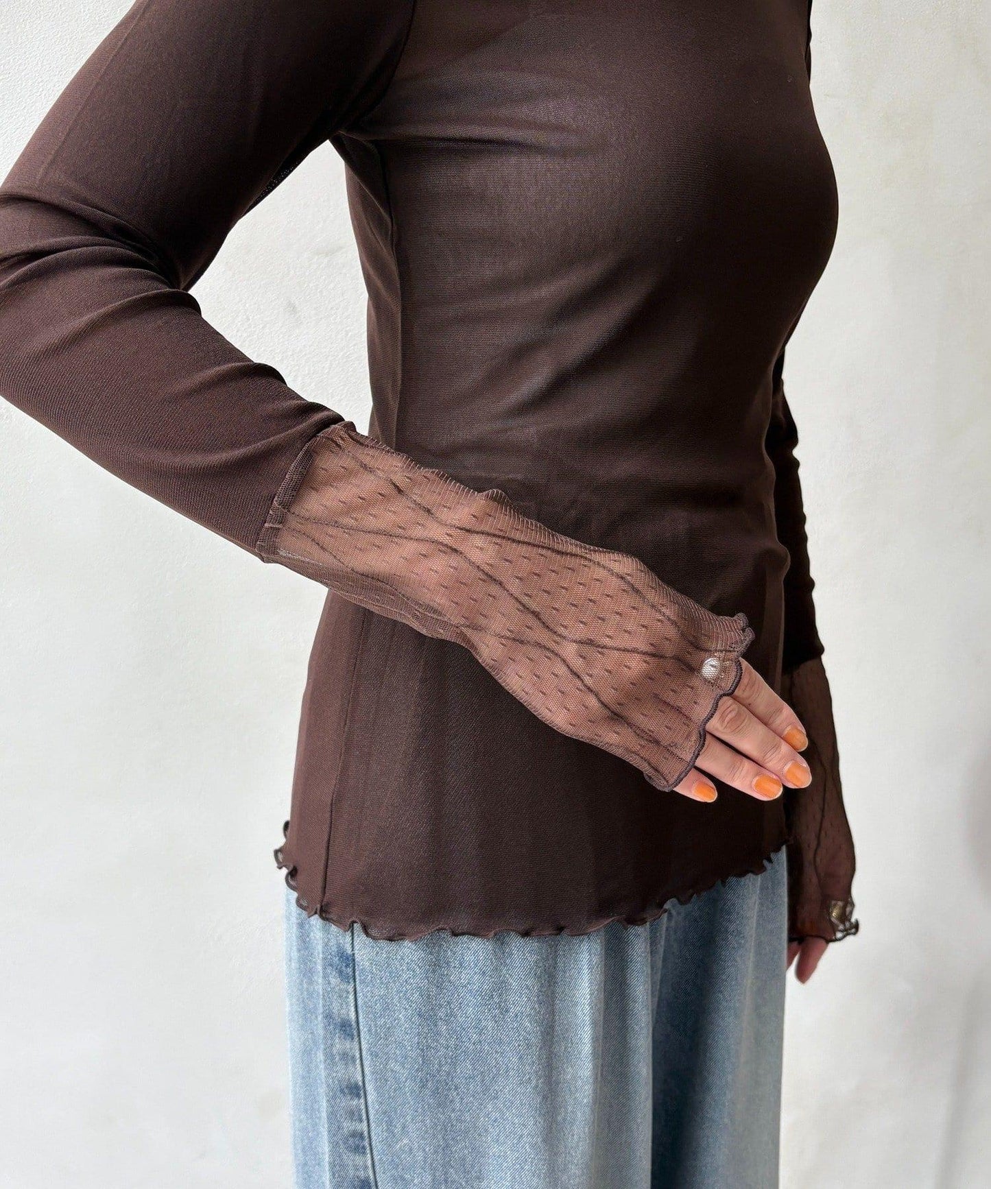 蕾絲網紗拼接透視T恤