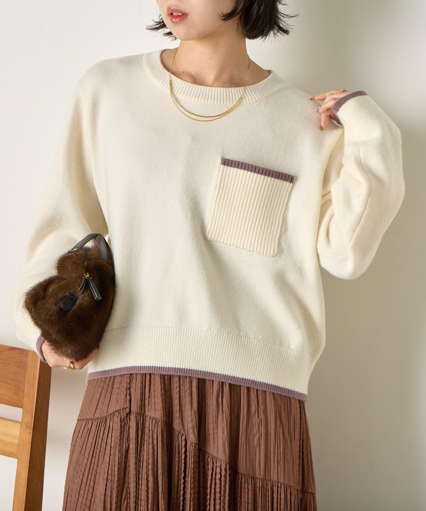 羅紋口袋拼色針織衫