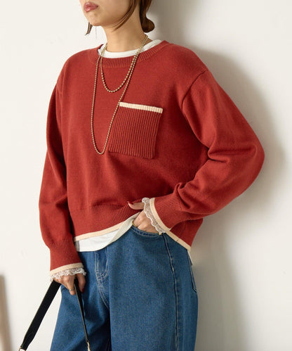 羅紋口袋拼色針織衫