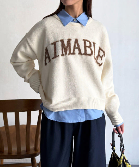 毛絨字母圖案針織套頭衫