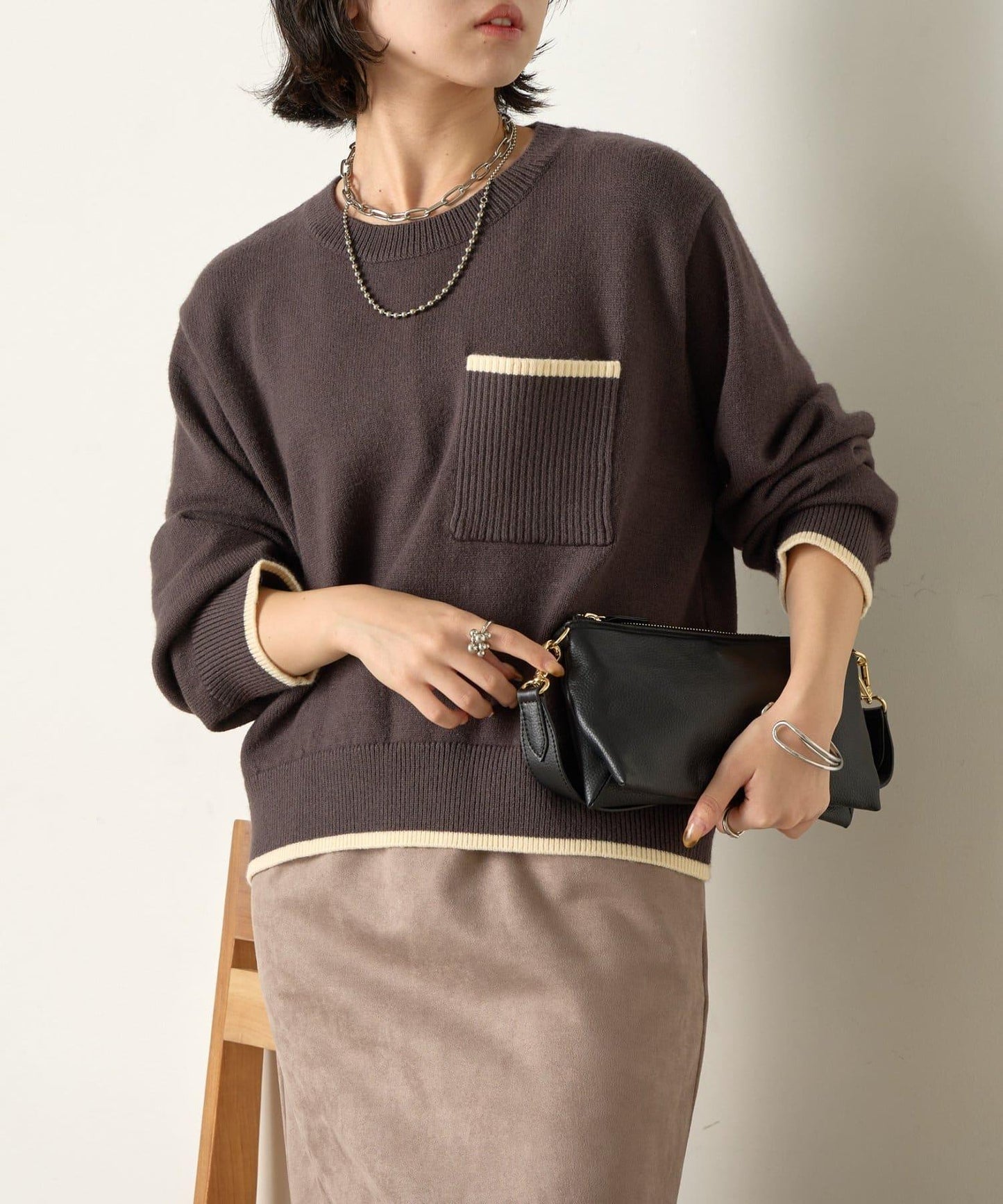 羅紋口袋拼色針織衫