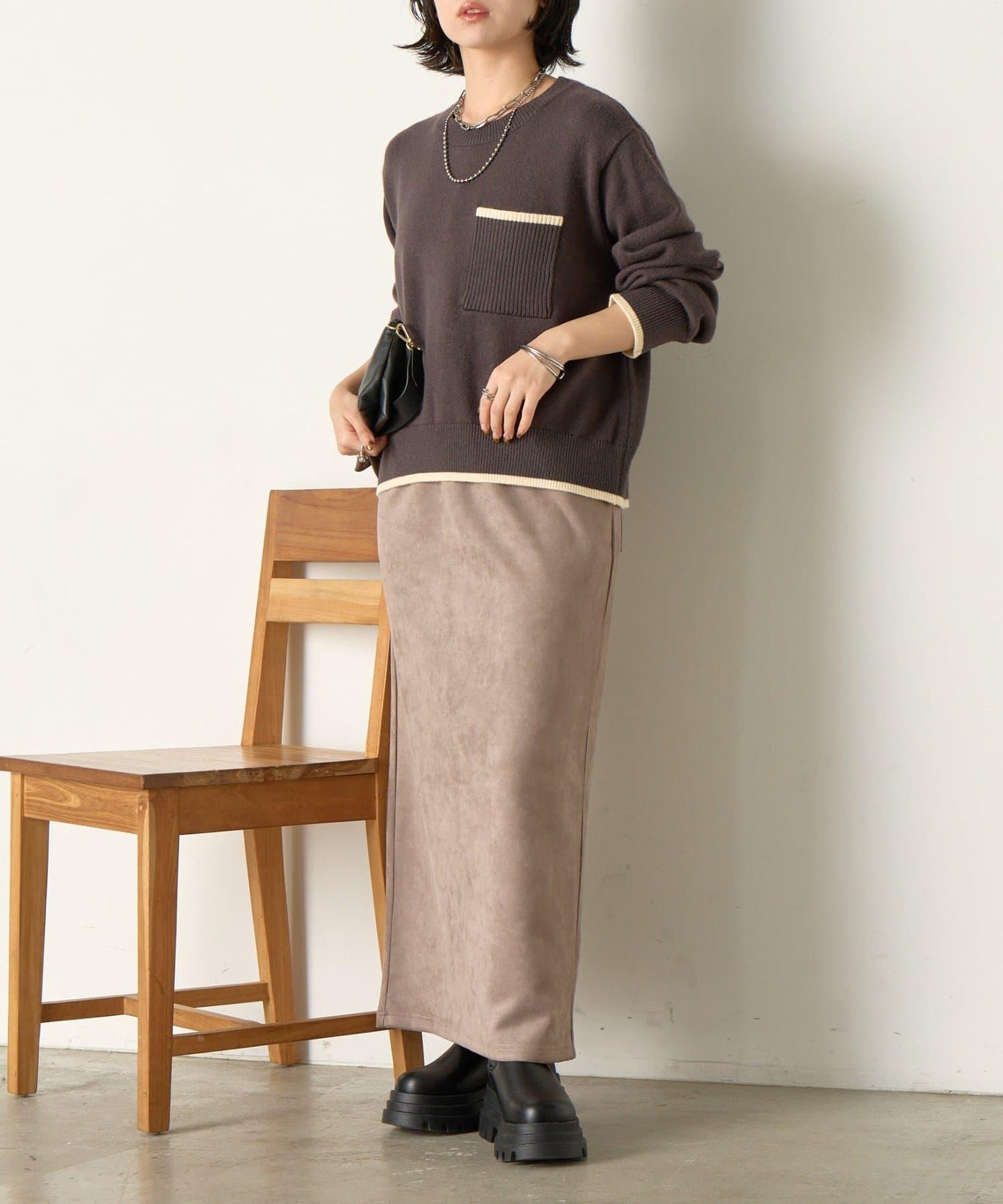 羅紋口袋拼色針織衫