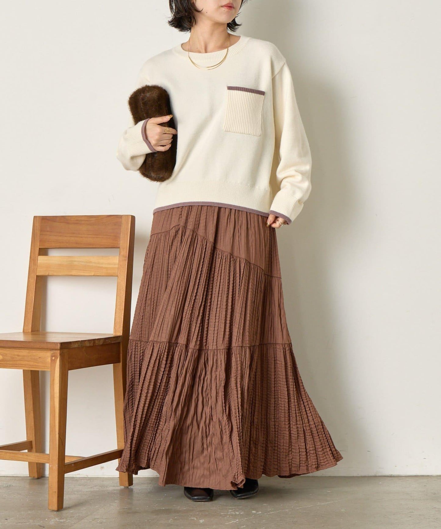 羅紋口袋拼色針織衫