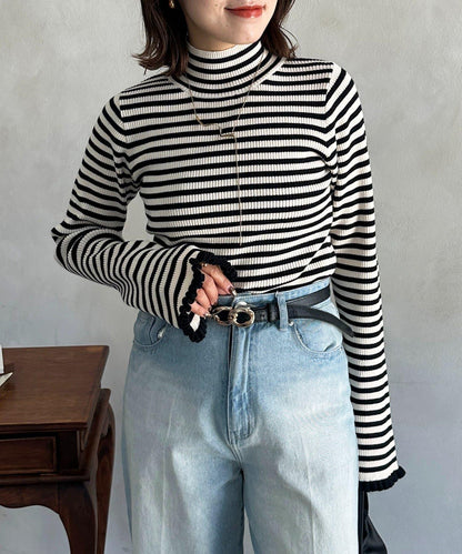 袖部荷葉邊喇叭袖高領針織衫