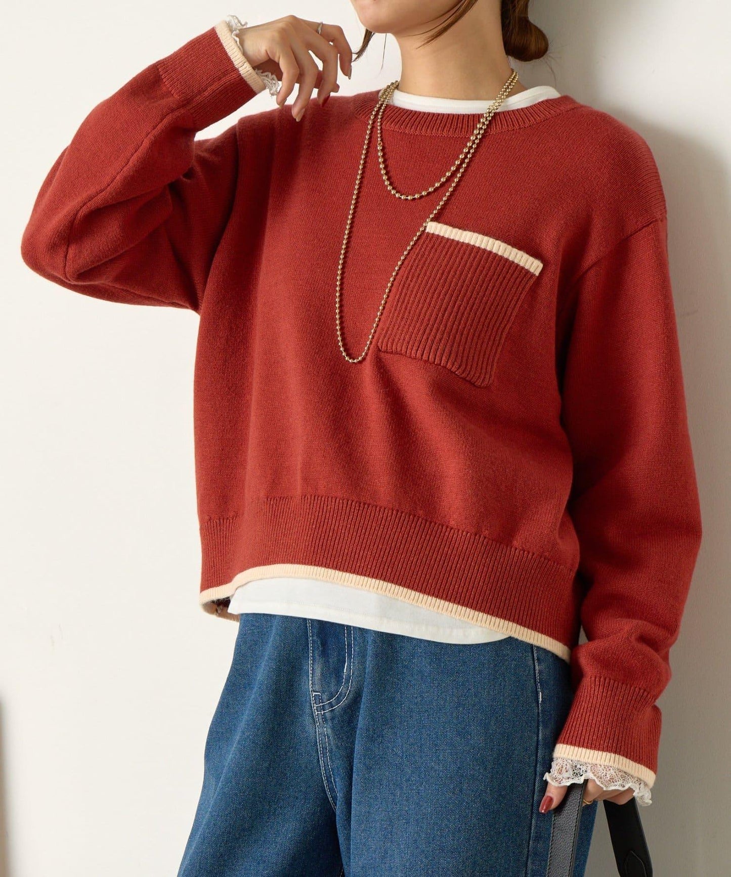 羅紋口袋拼色針織衫