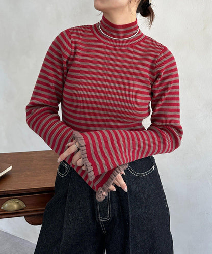 袖部荷葉邊喇叭袖高領針織衫