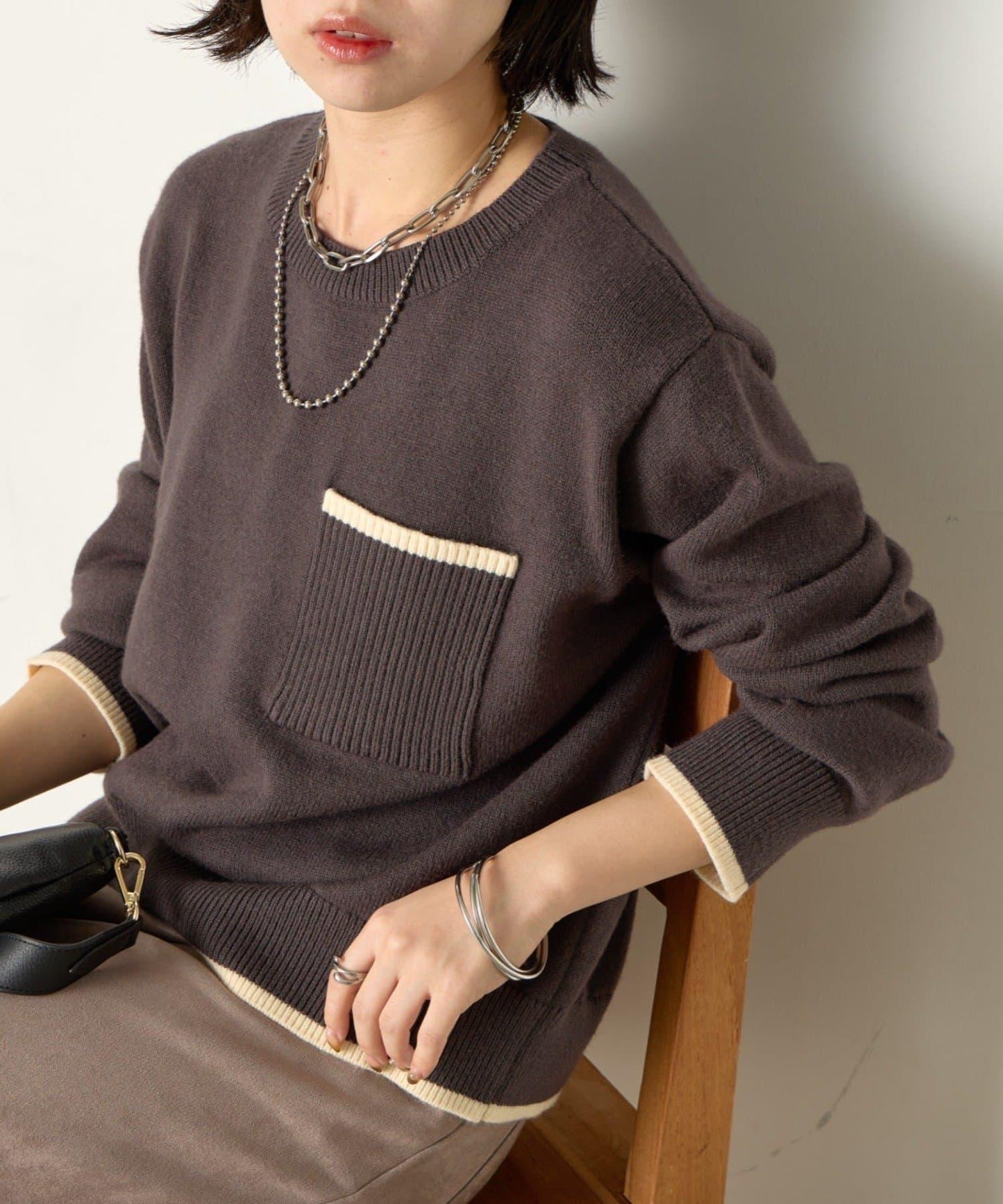 羅紋口袋拼色針織衫