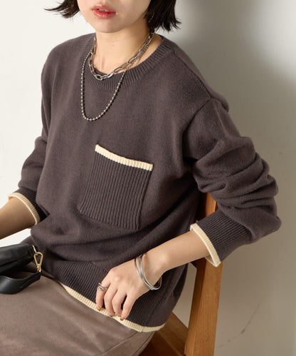 羅紋口袋拼色針織衫