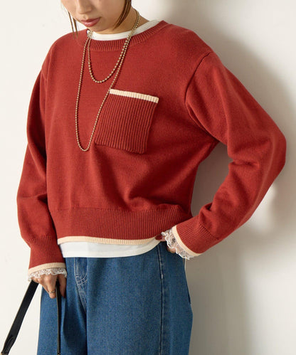 羅紋口袋拼色針織衫