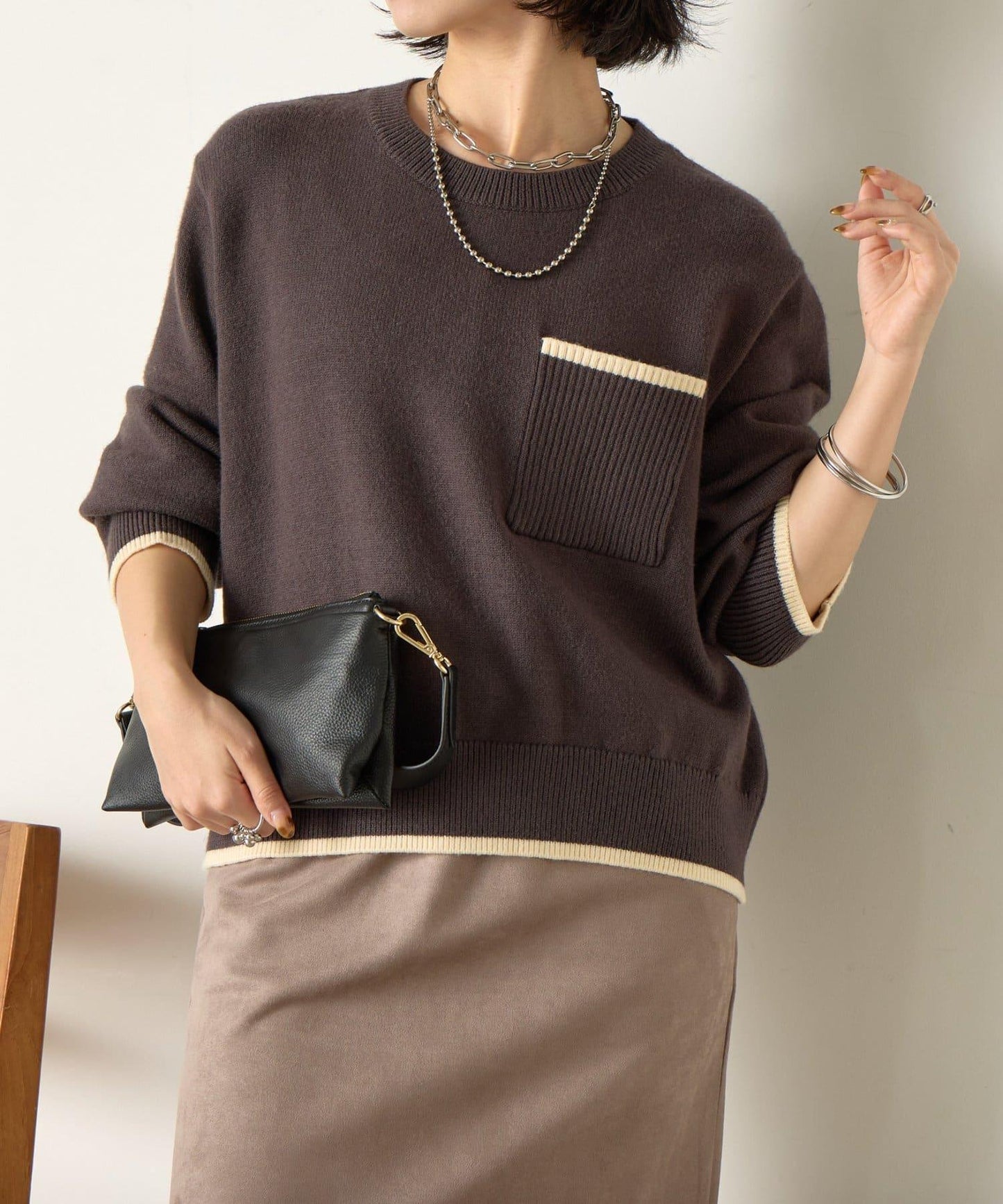 羅紋口袋拼色針織衫