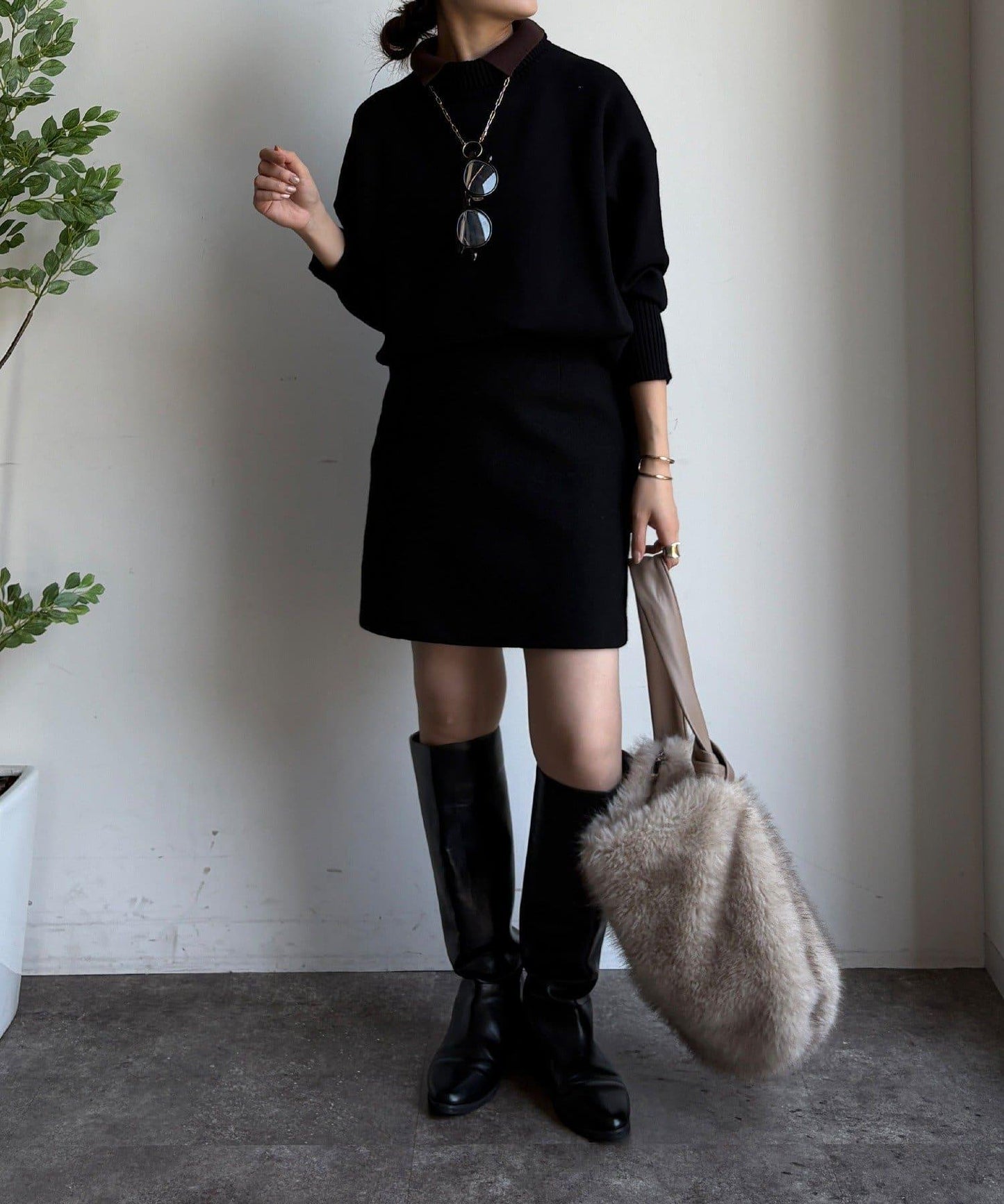 拼色雙層領針織上衣