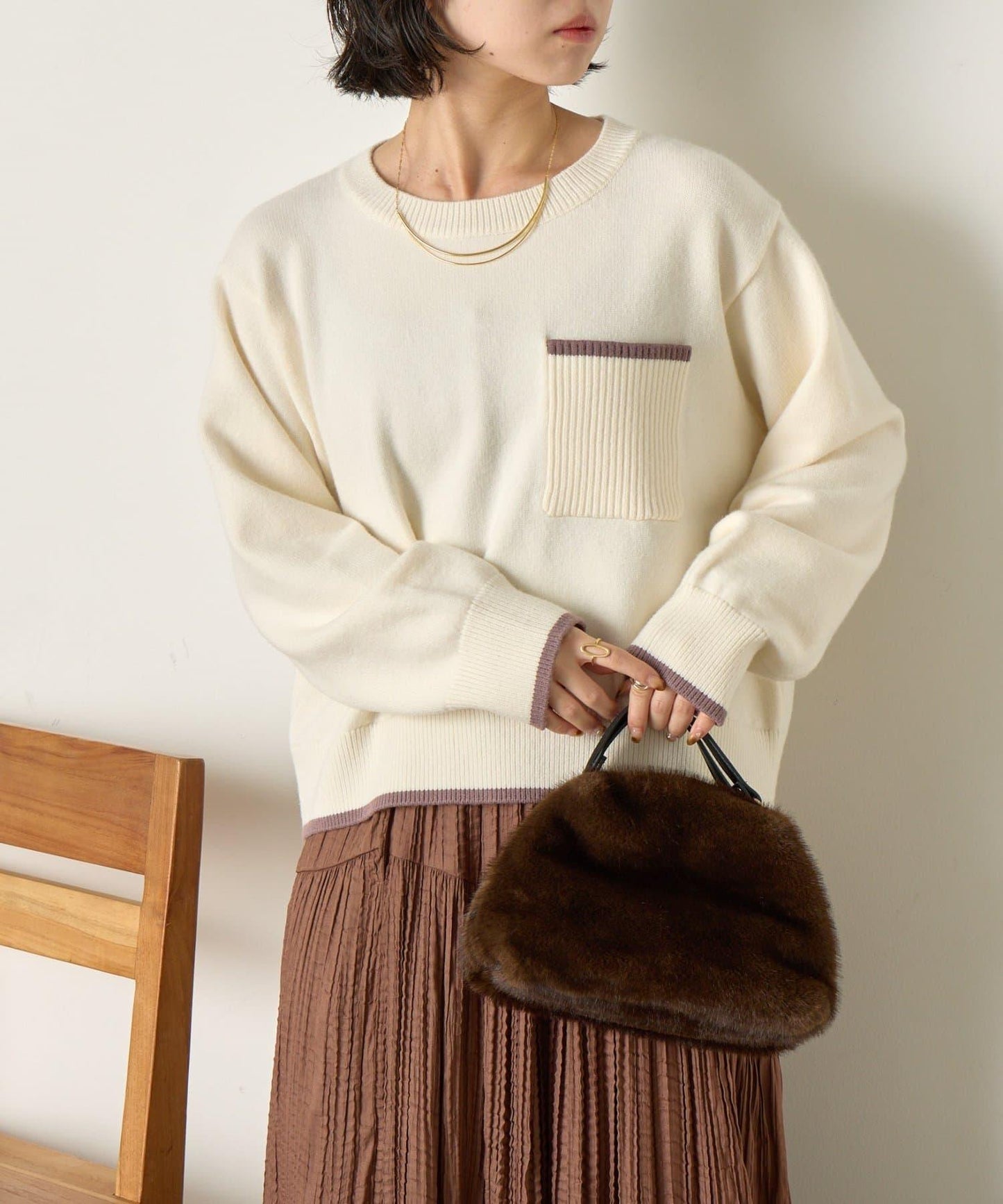 羅紋口袋拼色針織衫